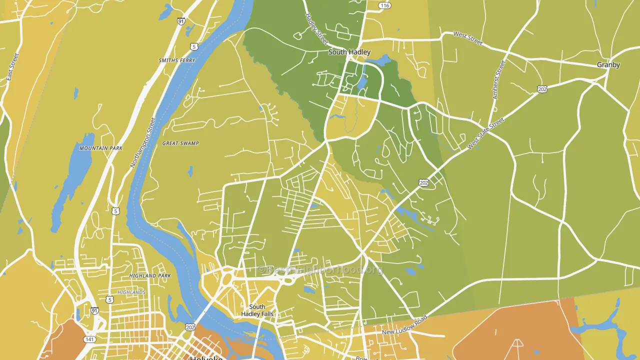 Map of the best neighborhoods in the 01075 area, with better matches in green and worse matches in red