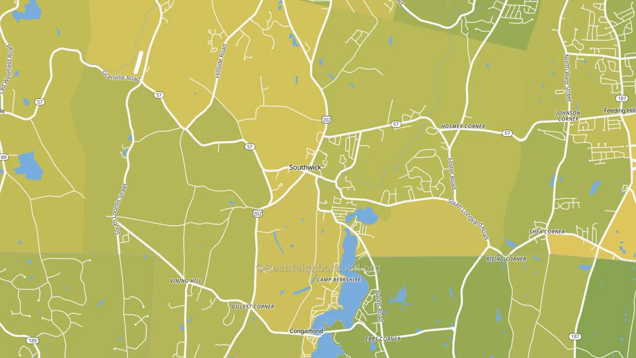 Map of the best neighborhoods in the 01077 area, with better matches in green and worse matches in red