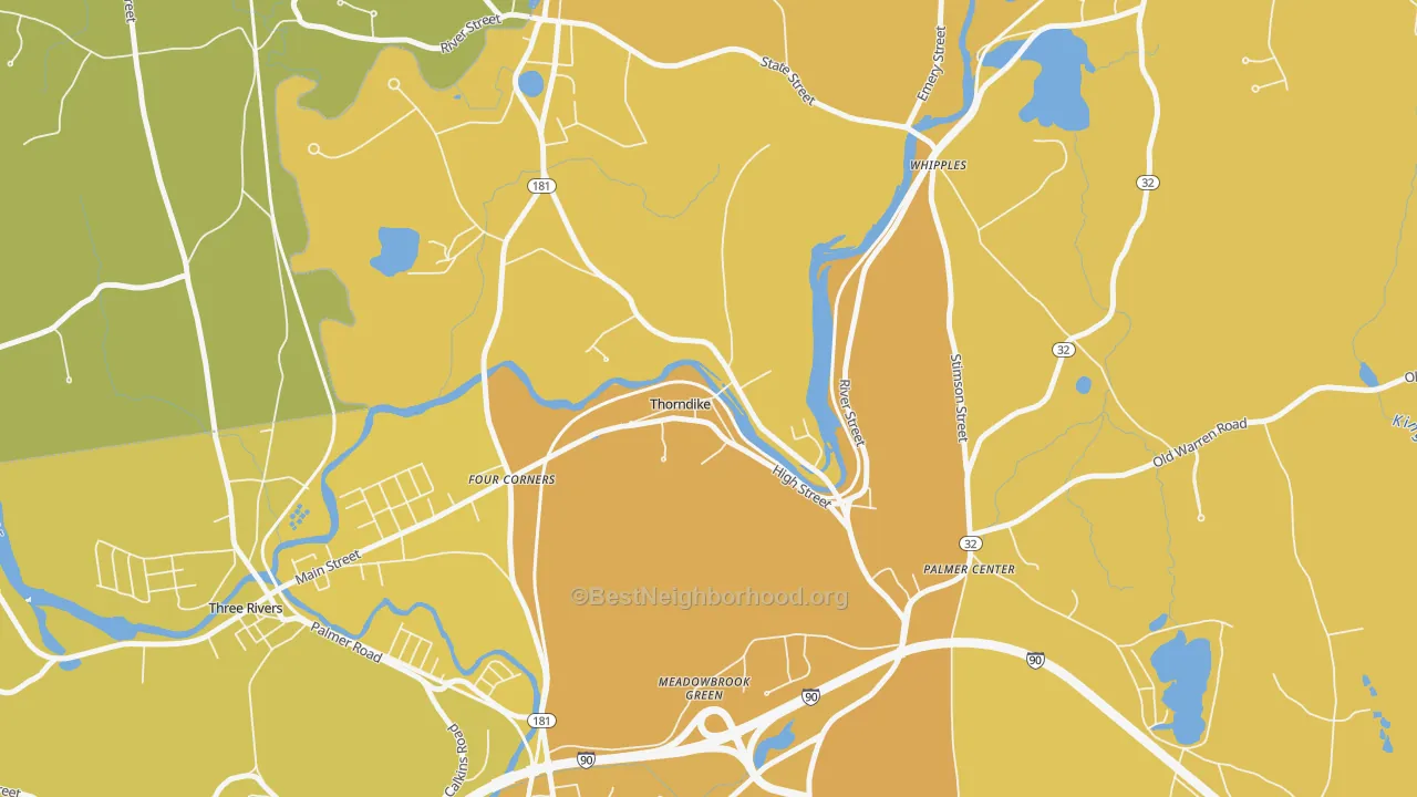 Map of the best neighborhoods in the 01079 area, with better matches in green and worse matches in red