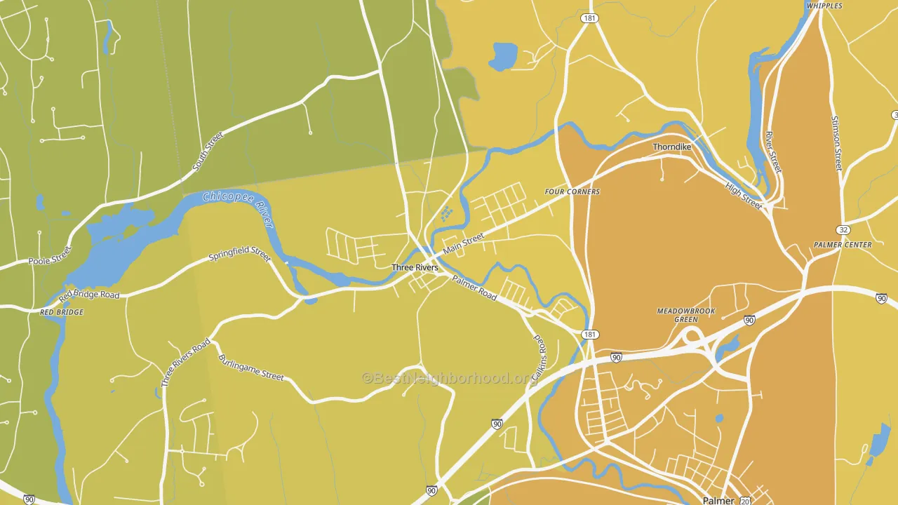 Map of the best neighborhoods in the 01080 area, with better matches in green and worse matches in red