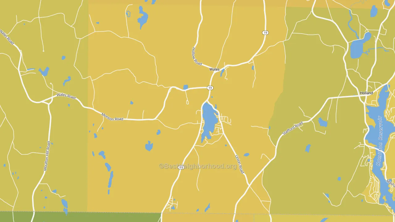 Map of the best neighborhoods in the 01081 area, with better matches in green and worse matches in red