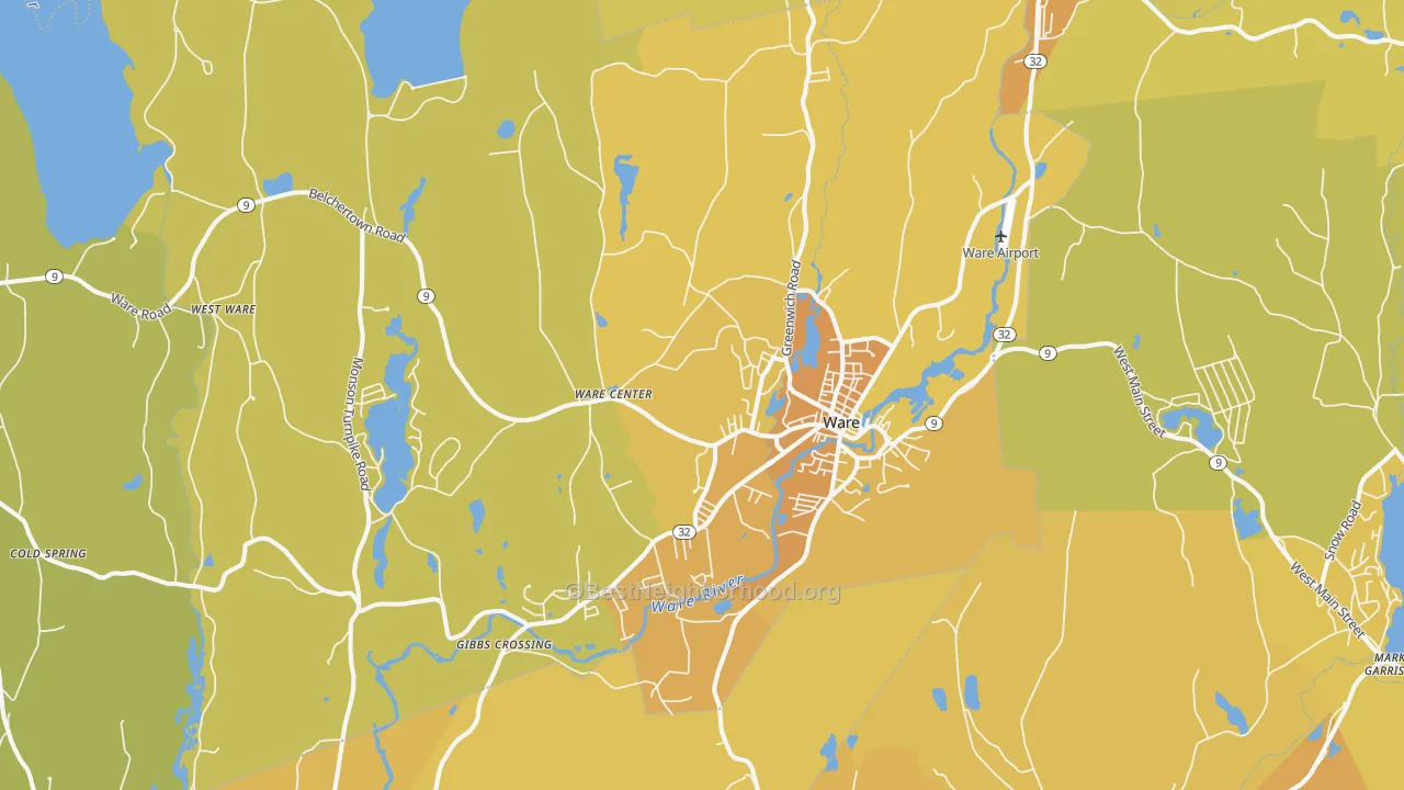 Map of the best neighborhoods in the 01082 area, with better matches in green and worse matches in red