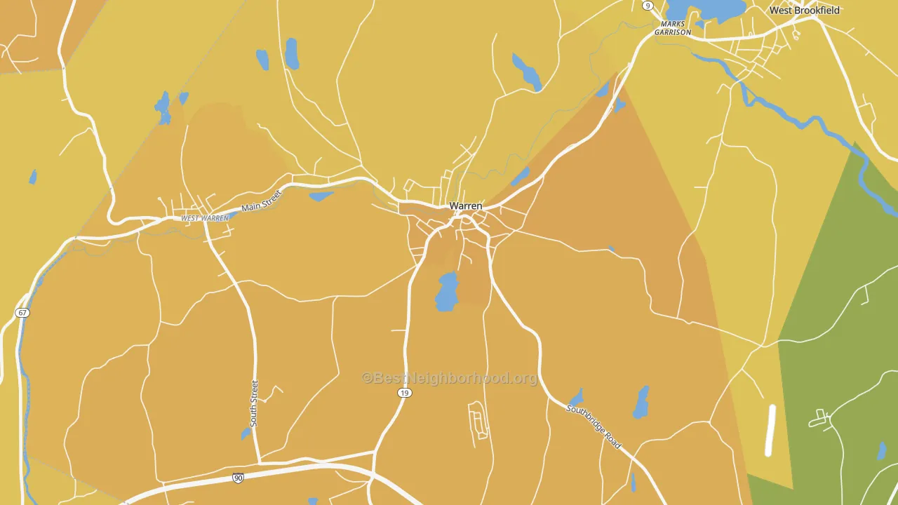 Map of the best neighborhoods in the 01083 area, with better matches in green and worse matches in red