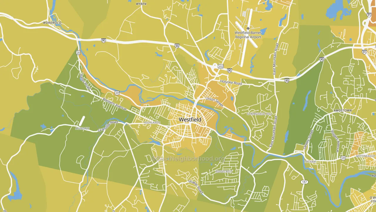 Map of the best neighborhoods in the 01085 area, with better matches in green and worse matches in red