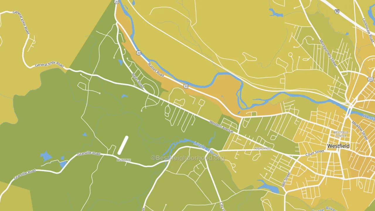 Map of the best neighborhoods in the 01086 area, with better matches in green and worse matches in red