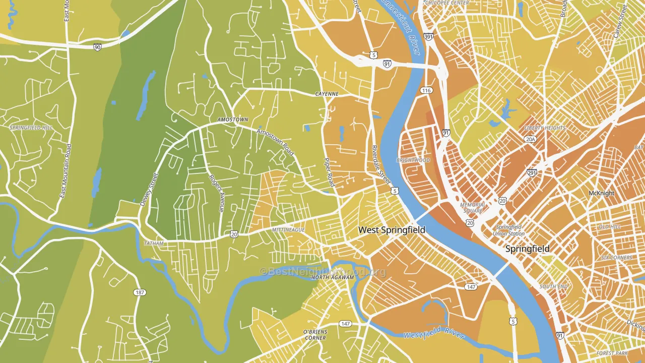 Map of the best neighborhoods in the 01089 area, with better matches in green and worse matches in red