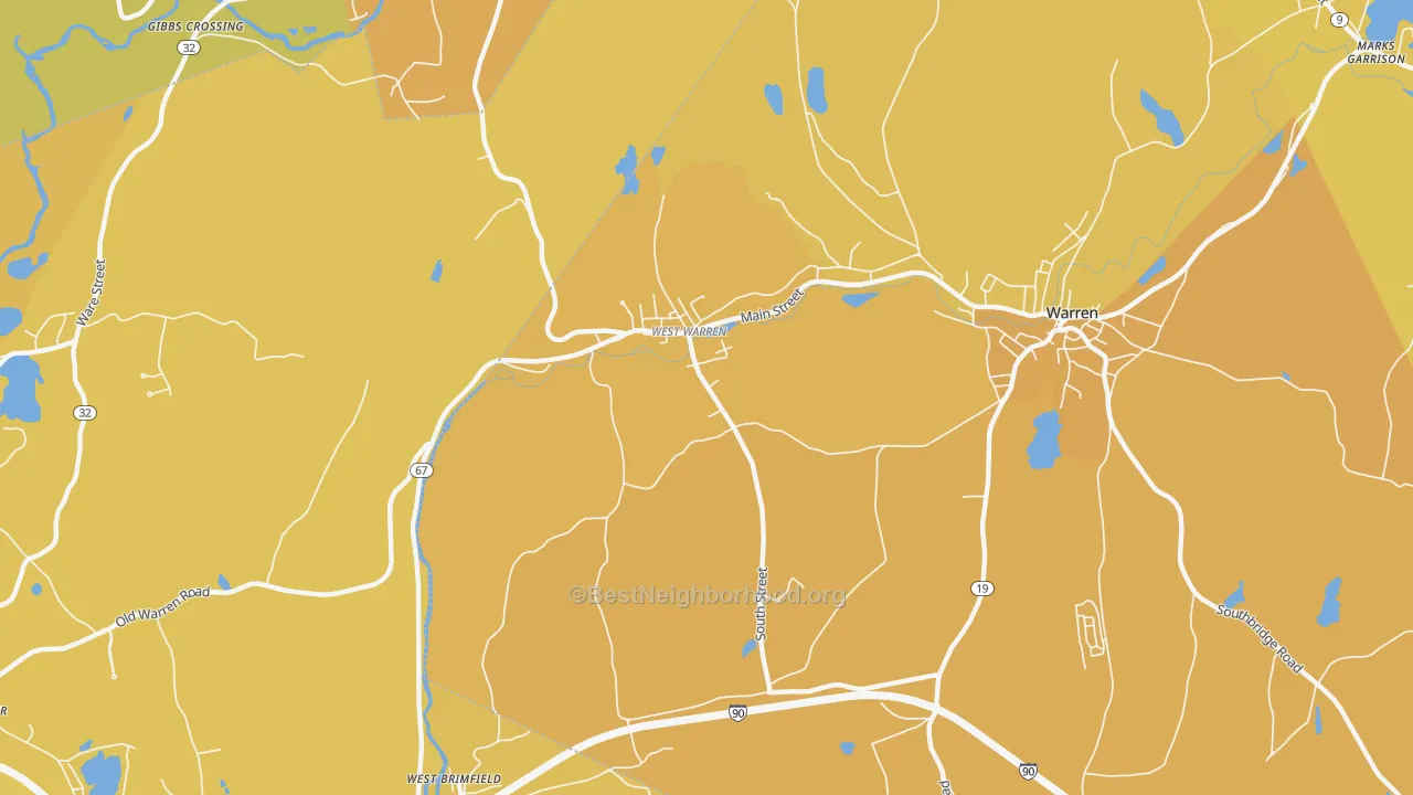 Map of the best neighborhoods in the 01092 area, with better matches in green and worse matches in red