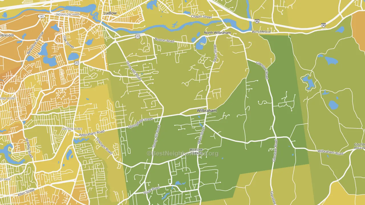 Map of the best neighborhoods in the 01095 area, with better matches in green and worse matches in red
