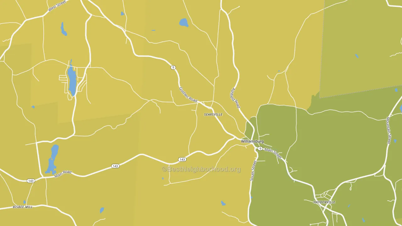 Map of the best neighborhoods in the 01096 area, with better matches in green and worse matches in red