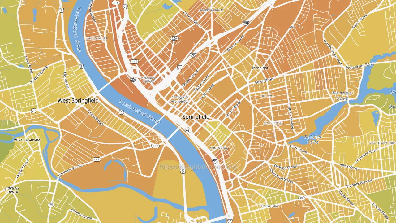 Map of the best neighborhoods in the 01103 area, with better matches in green and worse matches in red