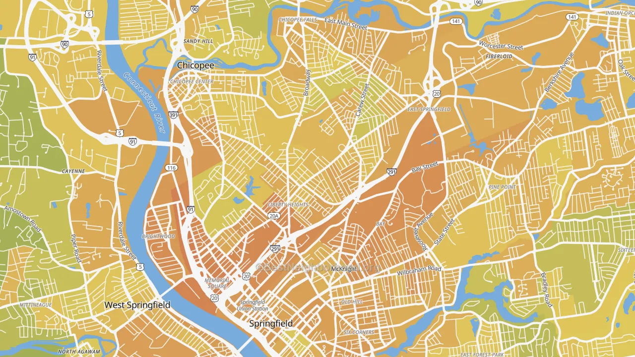 Map of the best neighborhoods in the 01104 area, with better matches in green and worse matches in red