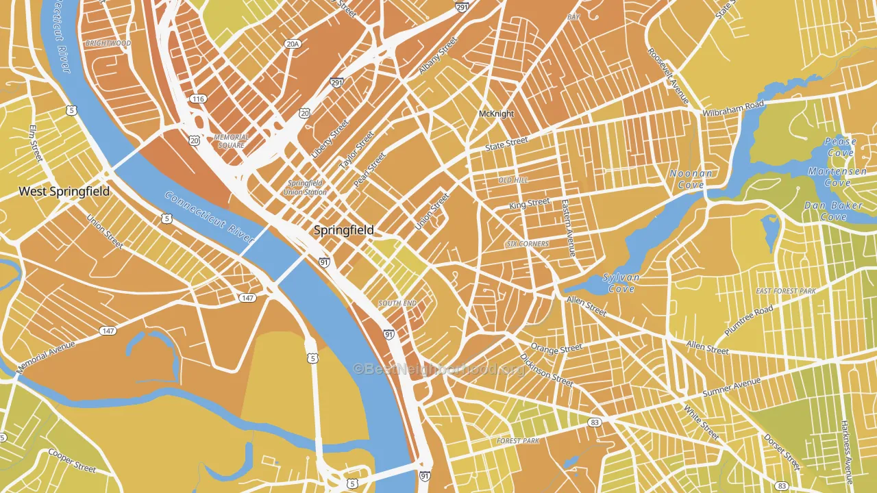 Map of the best neighborhoods in the 01105 area, with better matches in green and worse matches in red