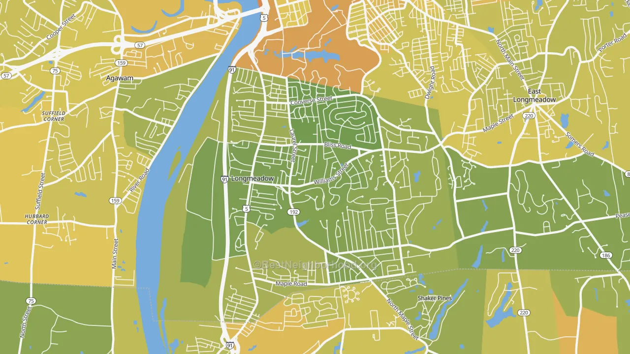 Map of the best neighborhoods in the 01106 area, with better matches in green and worse matches in red