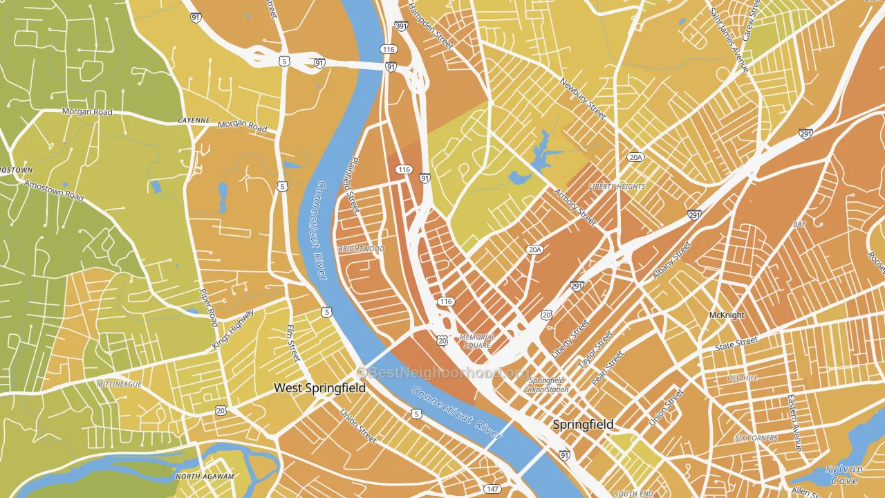 Map of the best neighborhoods in the 01107 area, with better matches in green and worse matches in red