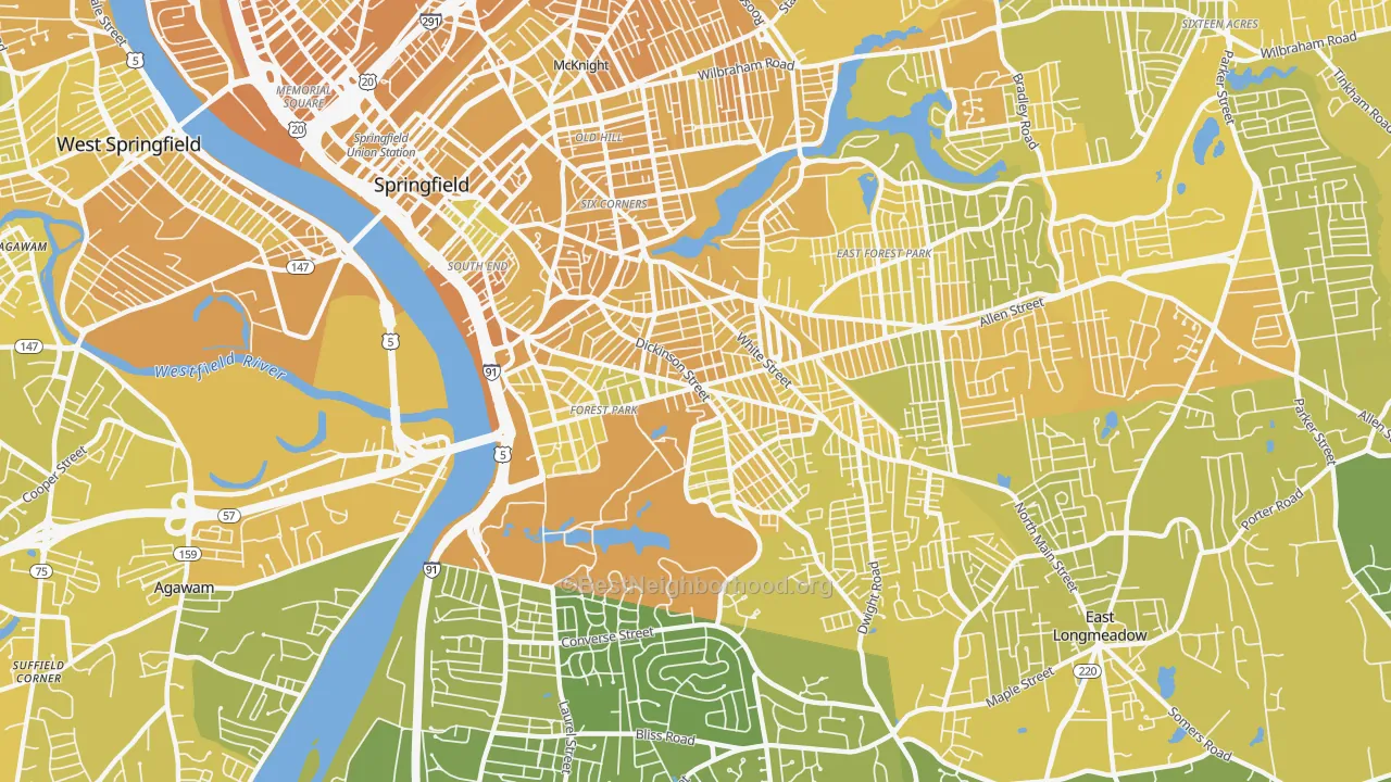 Map of the best neighborhoods in the 01108 area, with better matches in green and worse matches in red