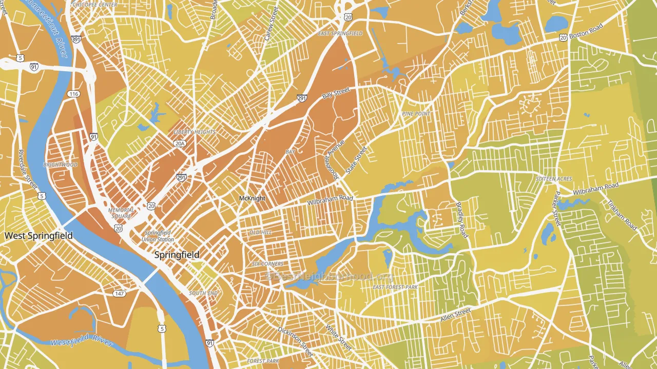 Map of the best neighborhoods in the 01109 area, with better matches in green and worse matches in red