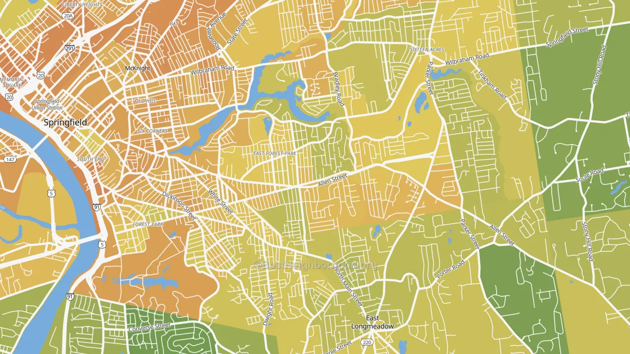 Map of the best neighborhoods in the 01118 area, with better matches in green and worse matches in red