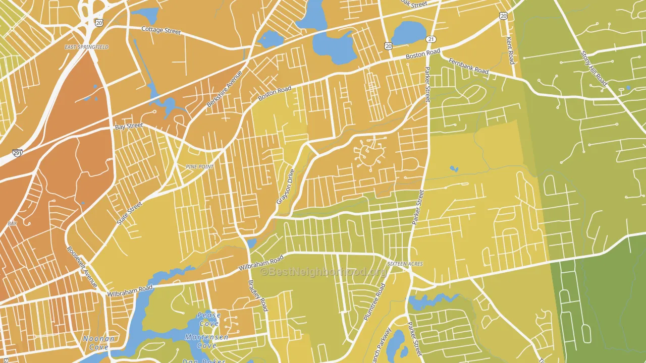 Map of the best neighborhoods in the 01119 area, with better matches in green and worse matches in red