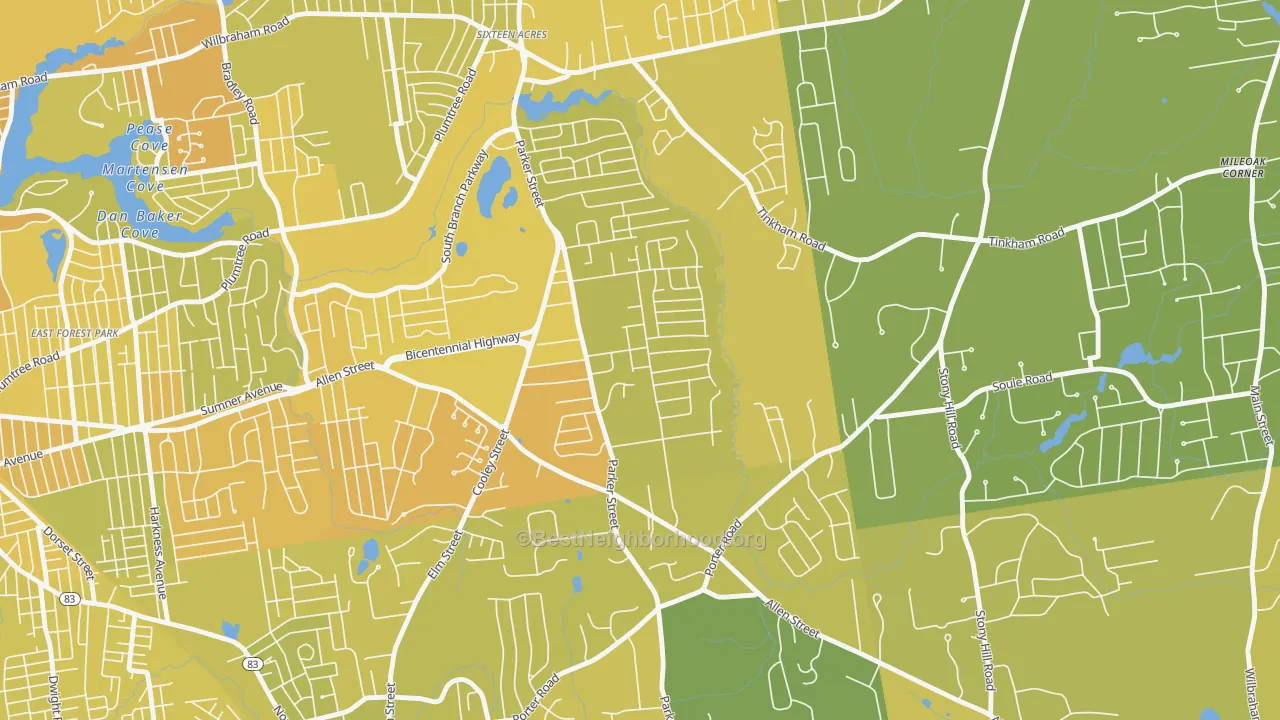 Map of the best neighborhoods in the 01128 area, with better matches in green and worse matches in red