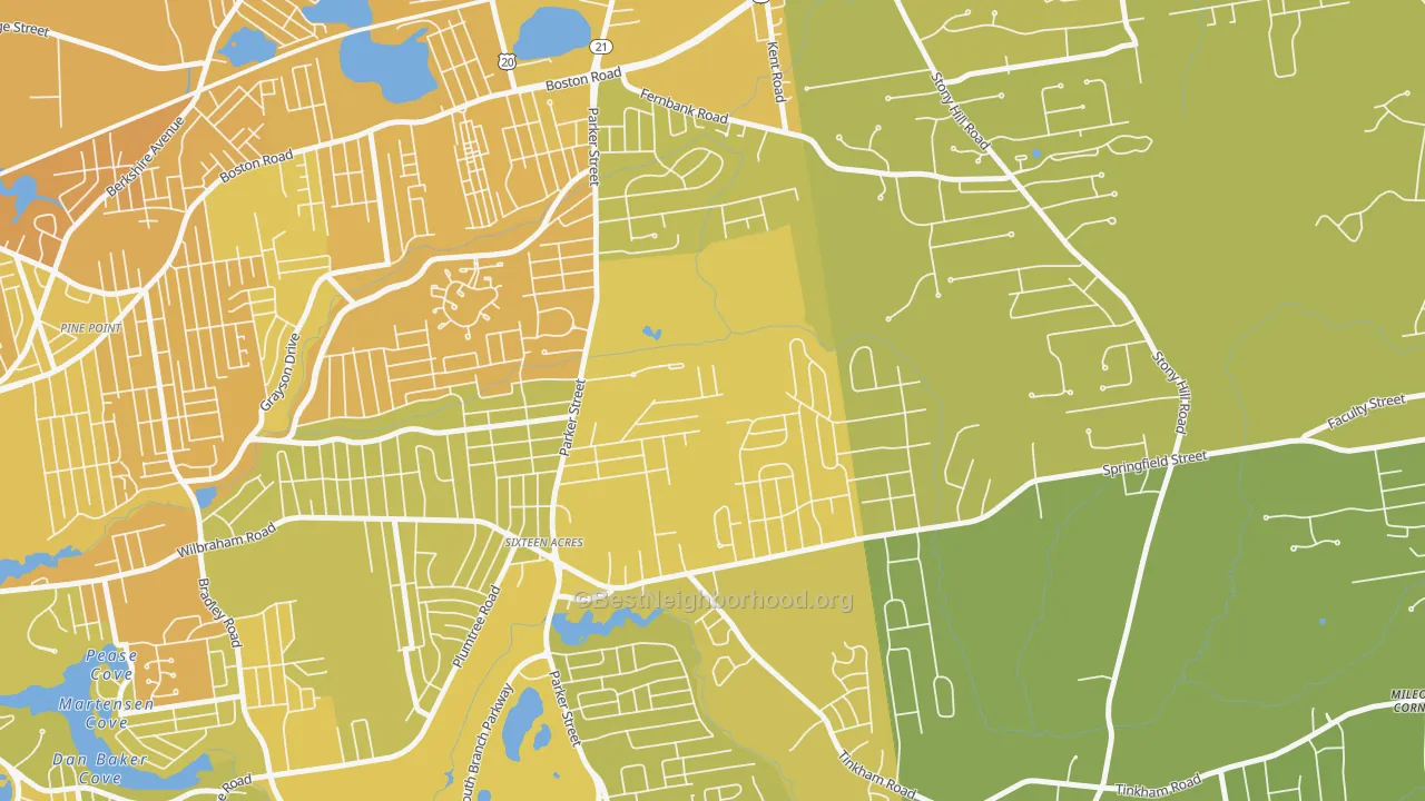 Map of the best neighborhoods in the 01129 area, with better matches in green and worse matches in red