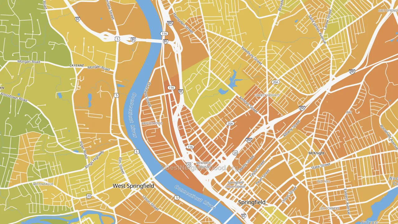 Map of the best neighborhoods in the 01199 area, with better matches in green and worse matches in red