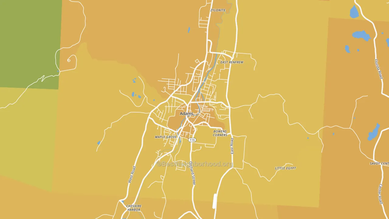 Map of the best neighborhoods in the 01220 area, with better matches in green and worse matches in red
