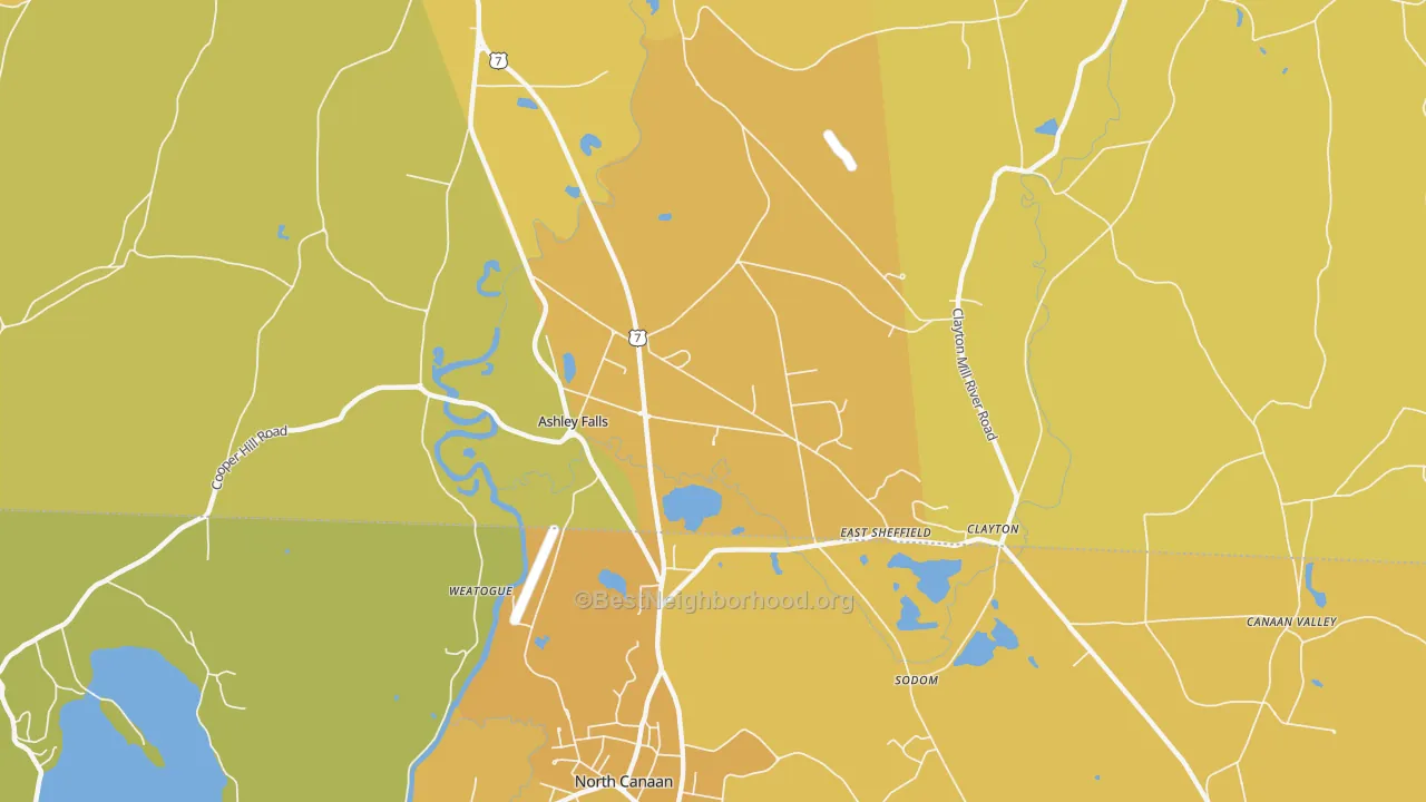 Map of the best neighborhoods in the 01222 area, with better matches in green and worse matches in red