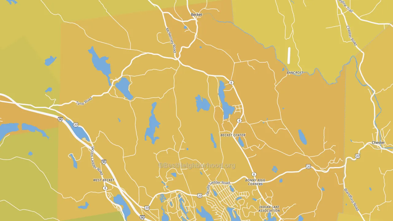 Map of the best neighborhoods in the 01223 area, with better matches in green and worse matches in red