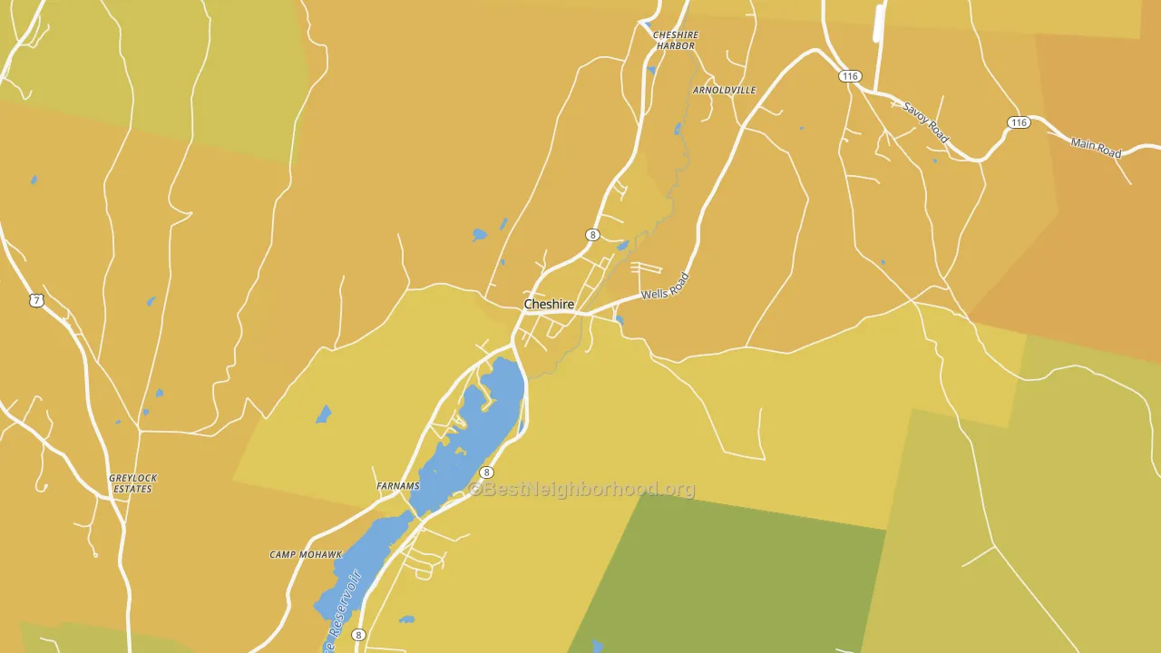 Map of the best neighborhoods in the 01225 area, with better matches in green and worse matches in red