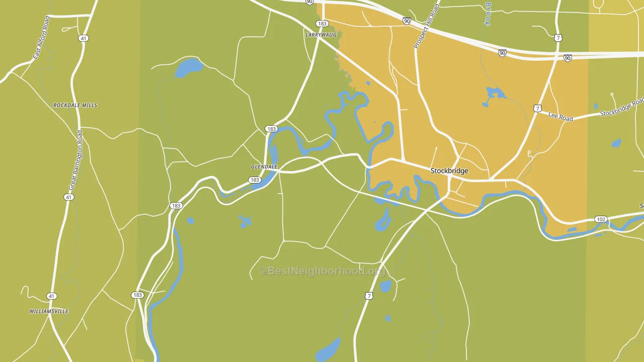 Map of the best neighborhoods in the 01229 area, with better matches in green and worse matches in red
