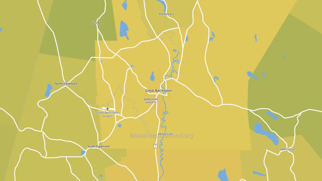 Map of the best neighborhoods in the 01230 area, with better matches in green and worse matches in red