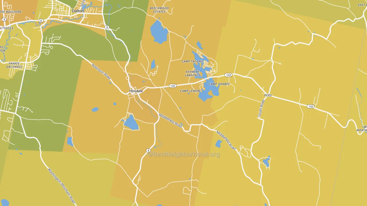 Map of the best neighborhoods in the 01235 area, with better matches in green and worse matches in red