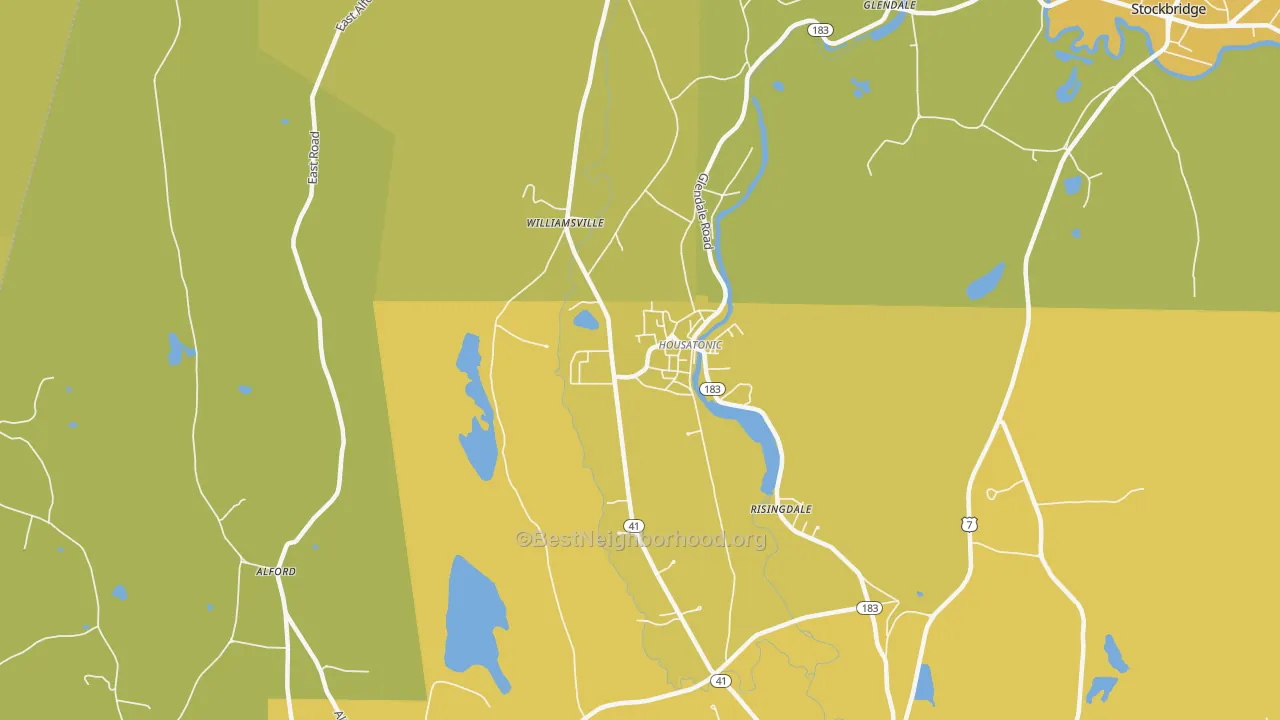 Map of the best neighborhoods in the 01236 area, with better matches in green and worse matches in red