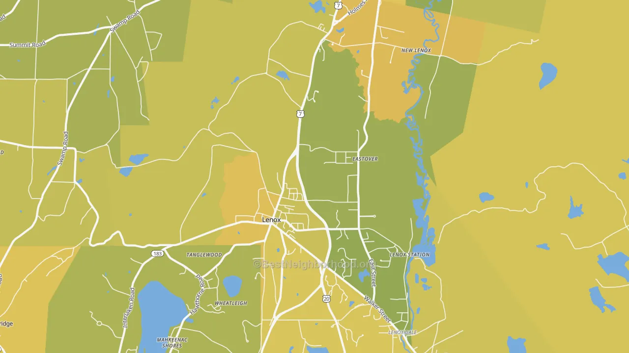Map of the best neighborhoods in the 01240 area, with better matches in green and worse matches in red