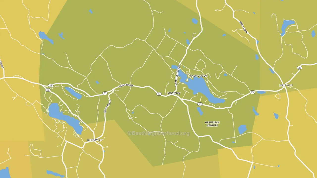 Map of the best neighborhoods in the 01245 area, with better matches in green and worse matches in red