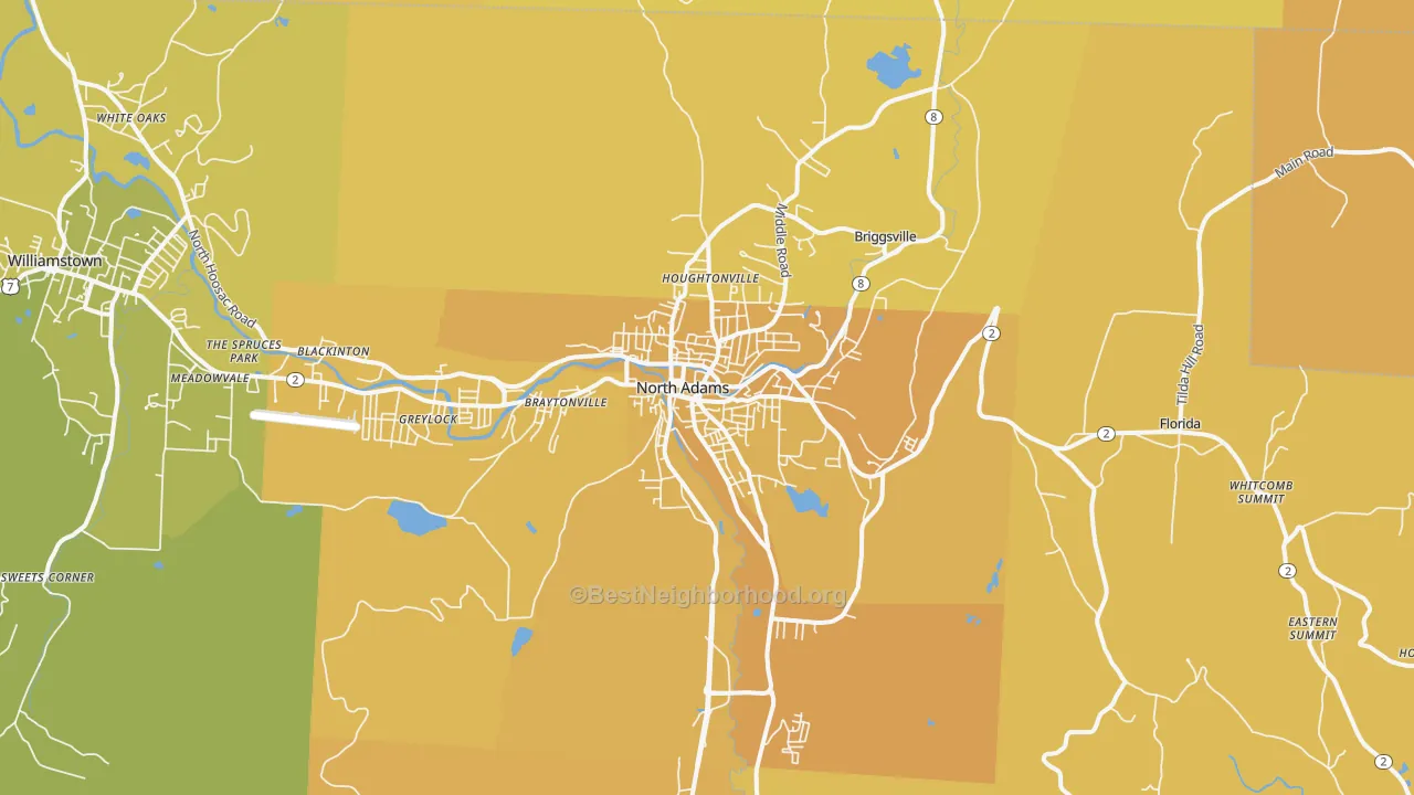 Map of the best neighborhoods in the 01247 area, with better matches in green and worse matches in red