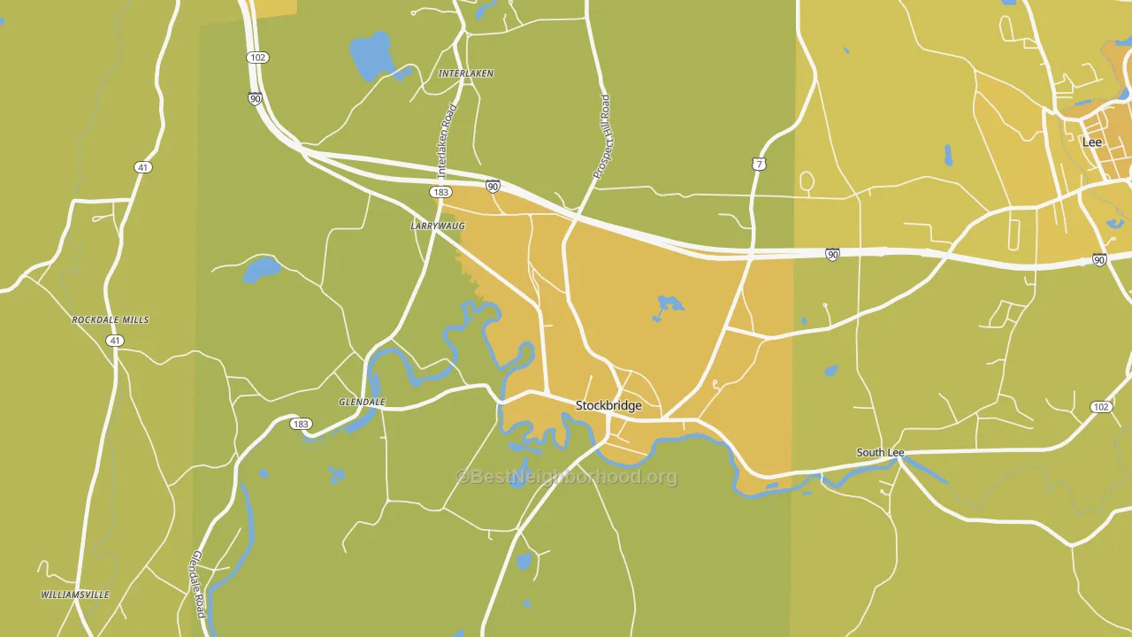 Map of the best neighborhoods in the 01262 area, with better matches in green and worse matches in red