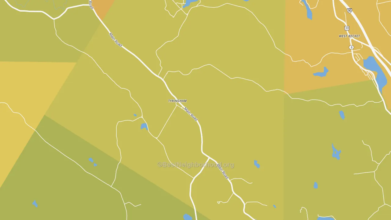 Map of the best neighborhoods in the 01264 area, with better matches in green and worse matches in red