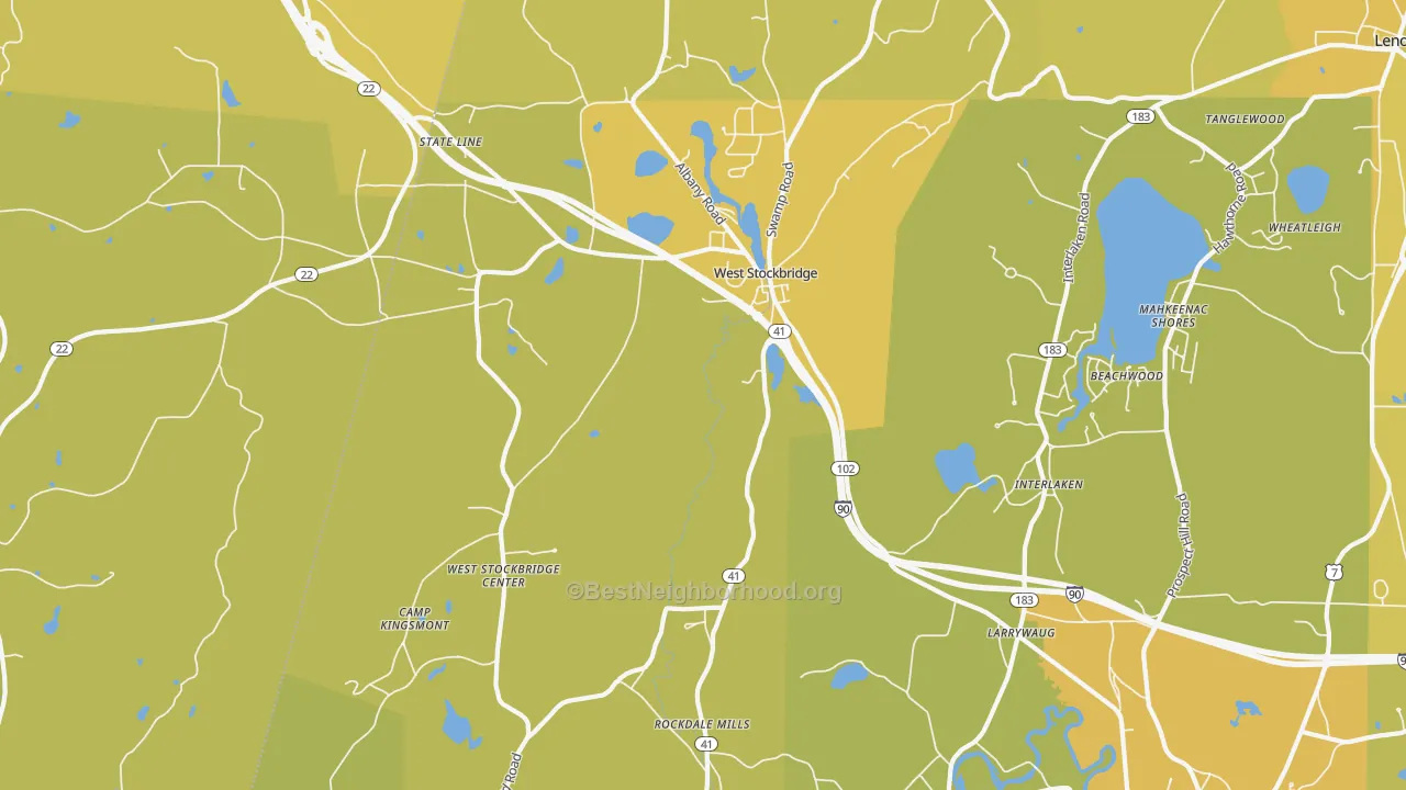 Map of the best neighborhoods in the 01266 area, with better matches in green and worse matches in red