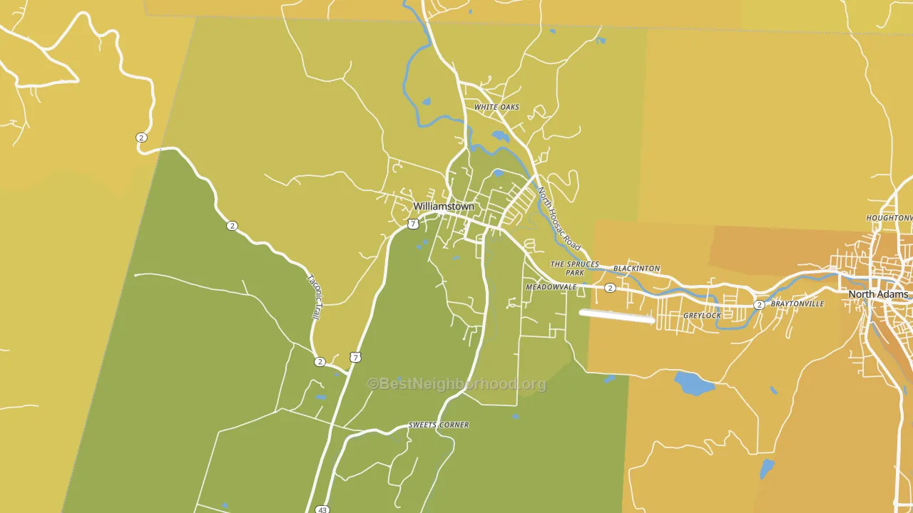 Map of the best neighborhoods in the 01267 area, with better matches in green and worse matches in red