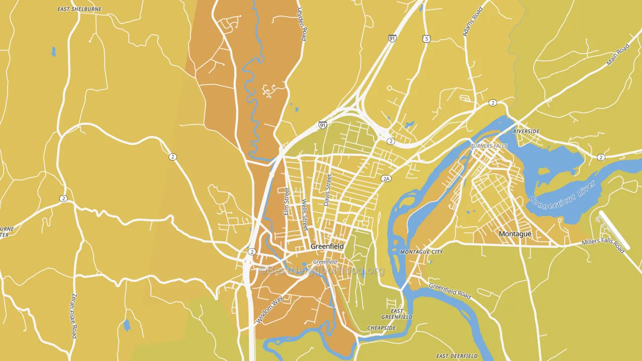 Map of the best neighborhoods in the 01301 area, with better matches in green and worse matches in red