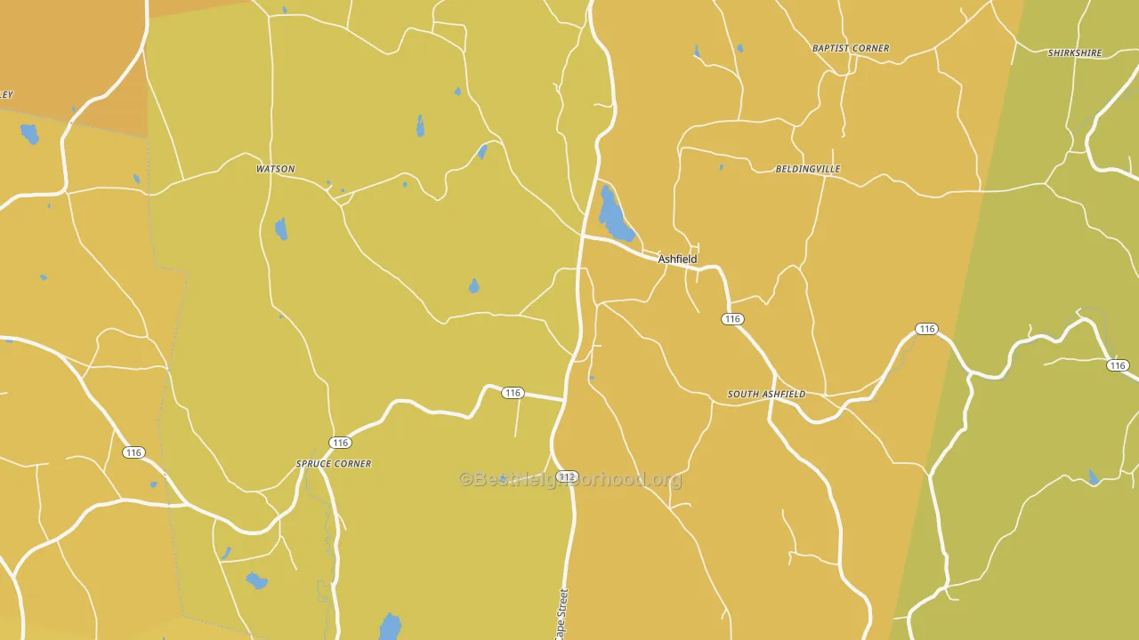 Map of the best neighborhoods in the 01330 area, with better matches in green and worse matches in red