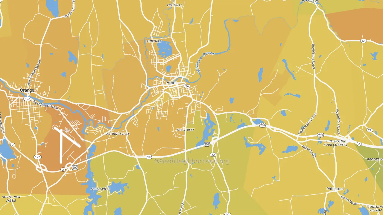 Map of the best neighborhoods in the 01331 area, with better matches in green and worse matches in red
