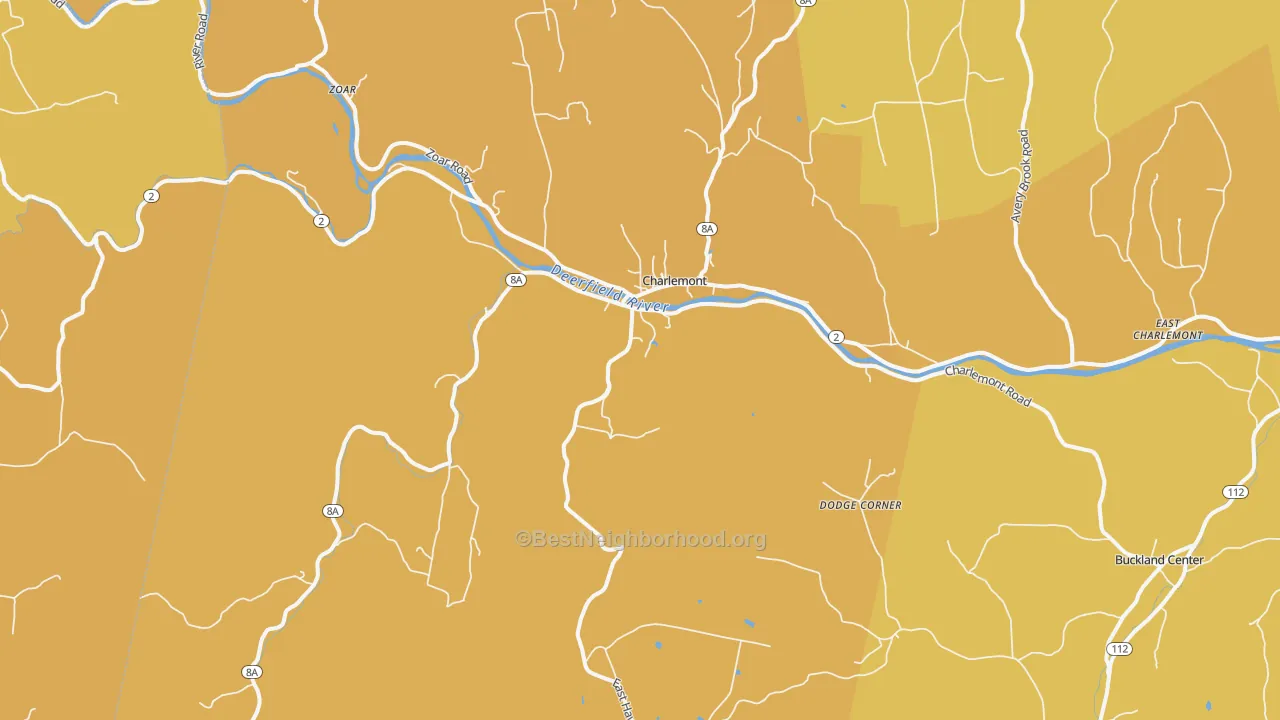 Map of the best neighborhoods in the 01339 area, with better matches in green and worse matches in red