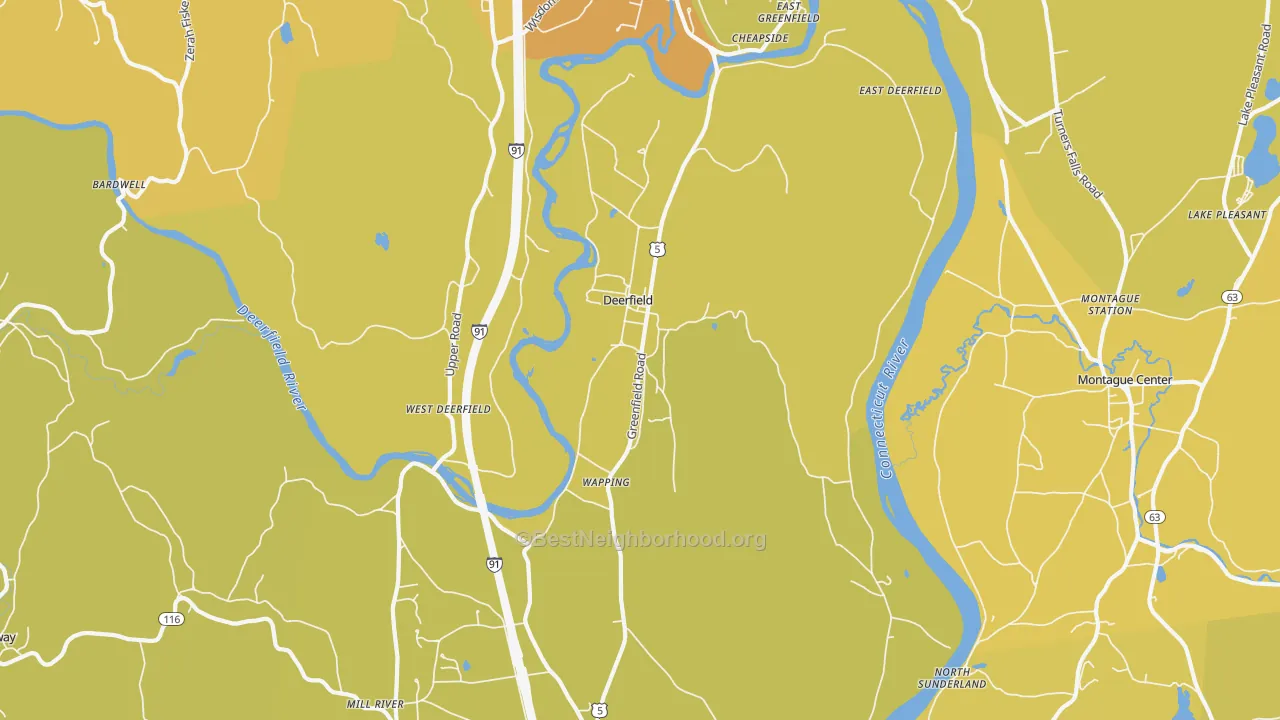 Map of the best neighborhoods in the 01342 area, with better matches in green and worse matches in red