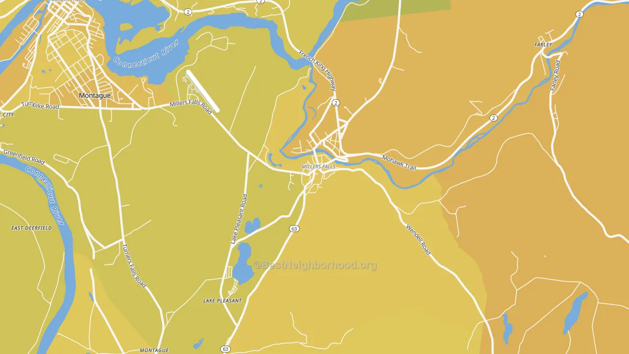 Map of the best neighborhoods in the 01349 area, with better matches in green and worse matches in red