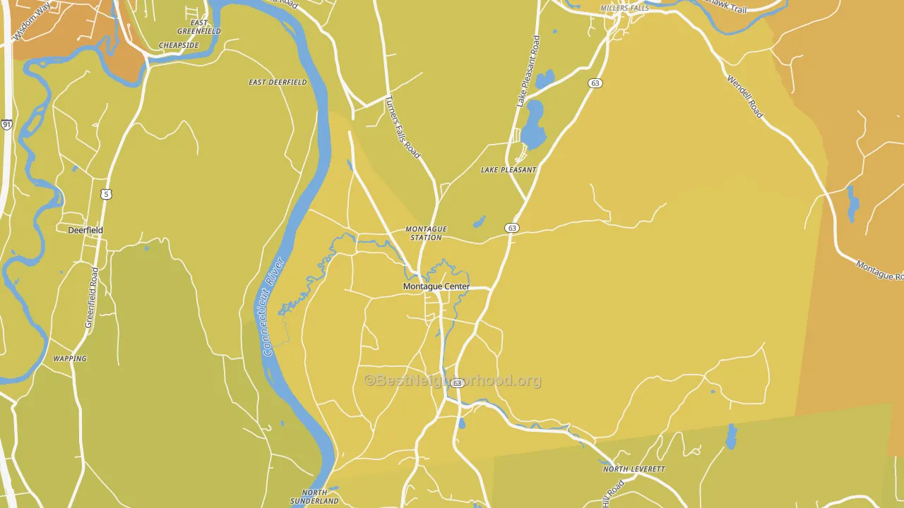 Map of the best neighborhoods in the 01351 area, with better matches in green and worse matches in red