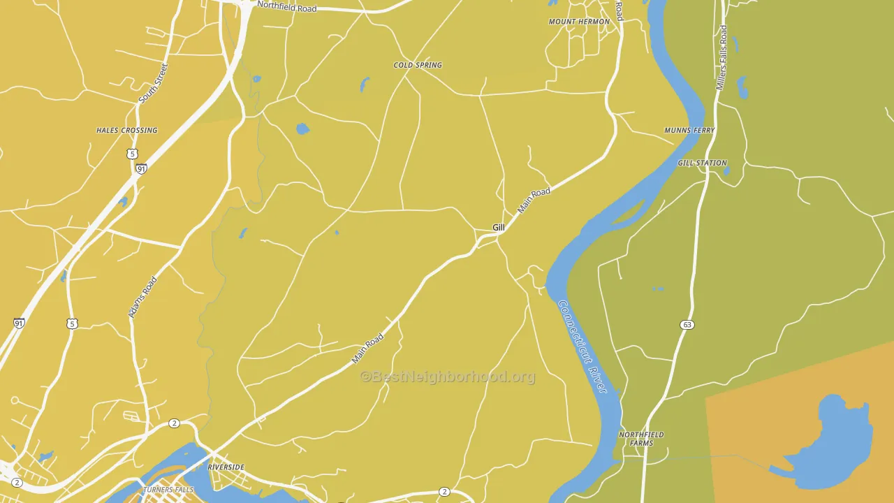 Map of the best neighborhoods in the 01354 area, with better matches in green and worse matches in red