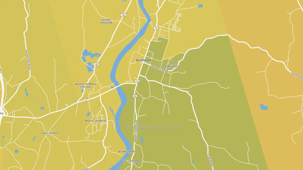 Map of the best neighborhoods in the 01360 area, with better matches in green and worse matches in red