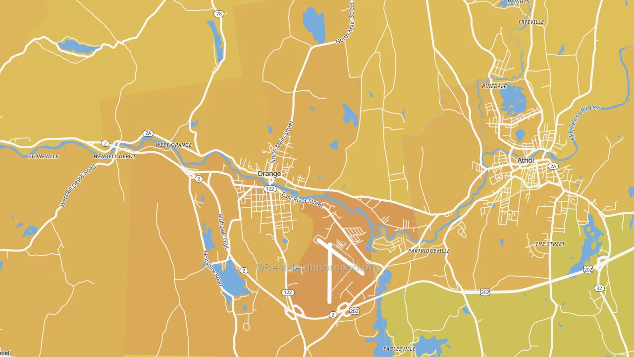 Map of the best neighborhoods in the 01364 area, with better matches in green and worse matches in red